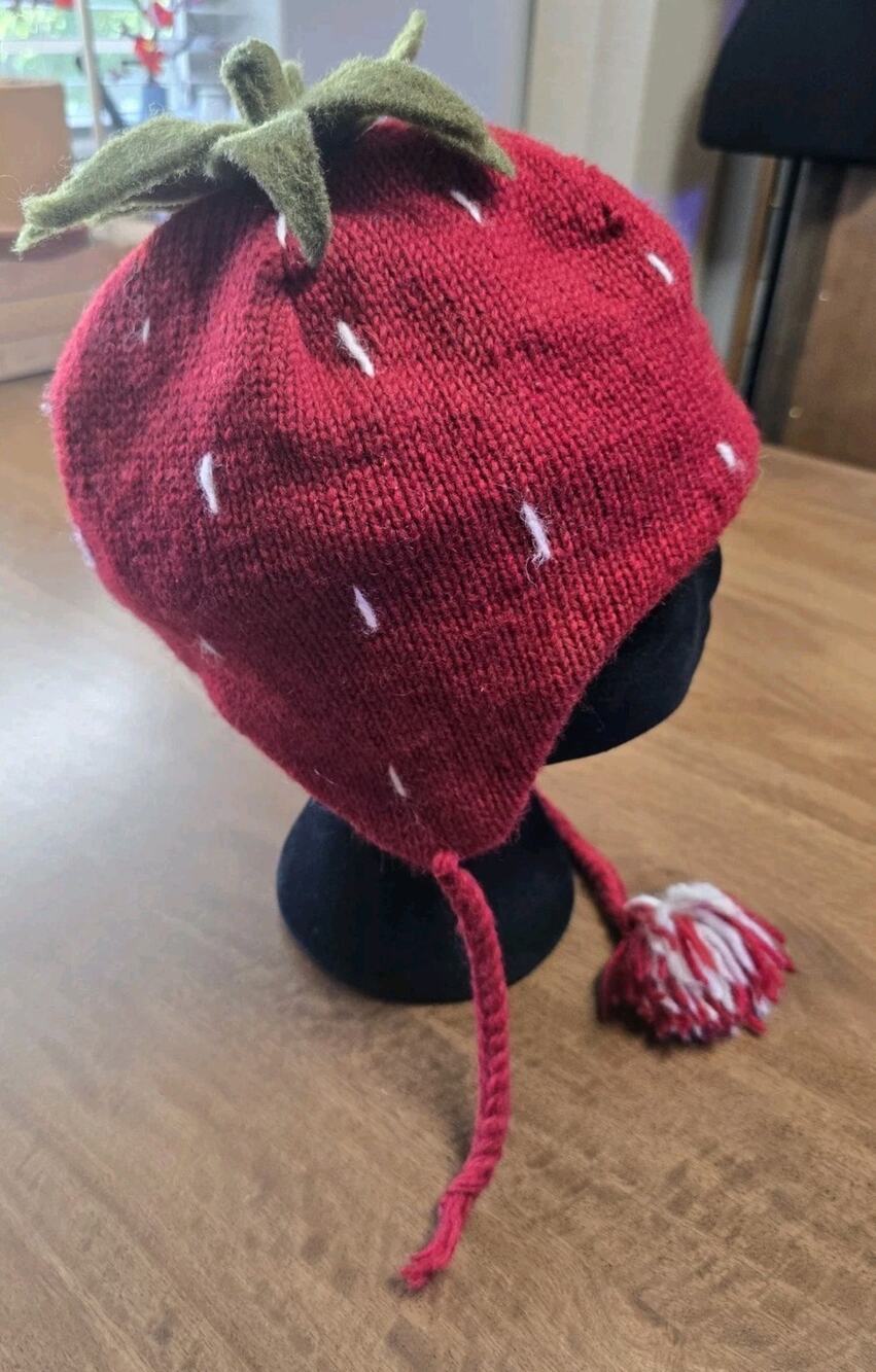 Handmade Wool Strawberry Hat Distressed Made In Nepal Festival Party